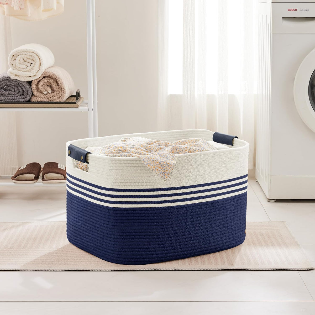 86L Extra Large Laundry Basket with Leather Handles for Living Room Storage, Woven Rope Baskets for