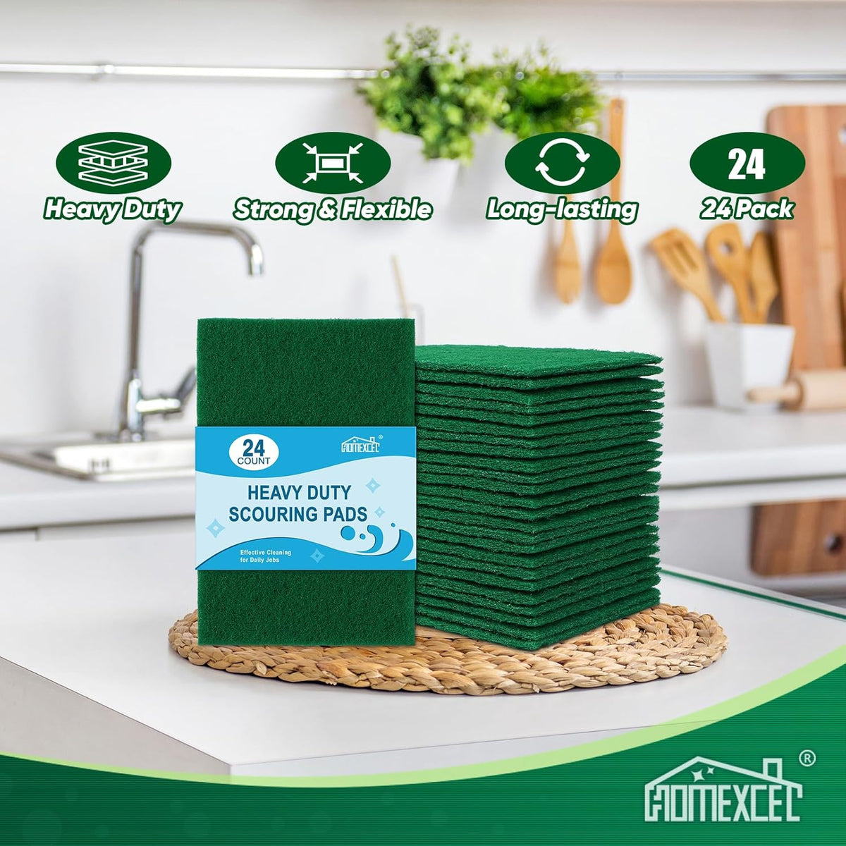 HOMEXCEL Heavy Duty Scouring Pad, 24 Pack Green Scrubbing Pads, Dish Scrubber Reusable for
