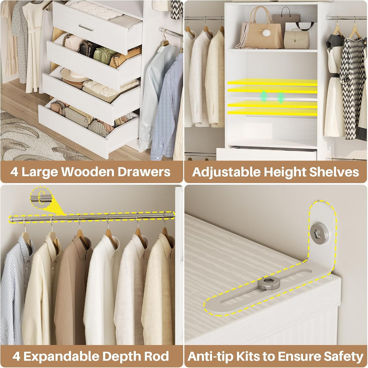 Aheaplus Closet System, 4-9Ft Closet Organizer with 4 Wooden Drawers, Wood Closet Organizer System