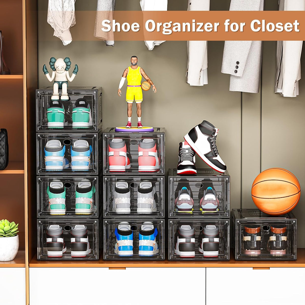10 Pack Thicken Shoe Organizer Stackable,Upgraded Sturdy Shoe Storage Box with Magnetic Door,Shoe