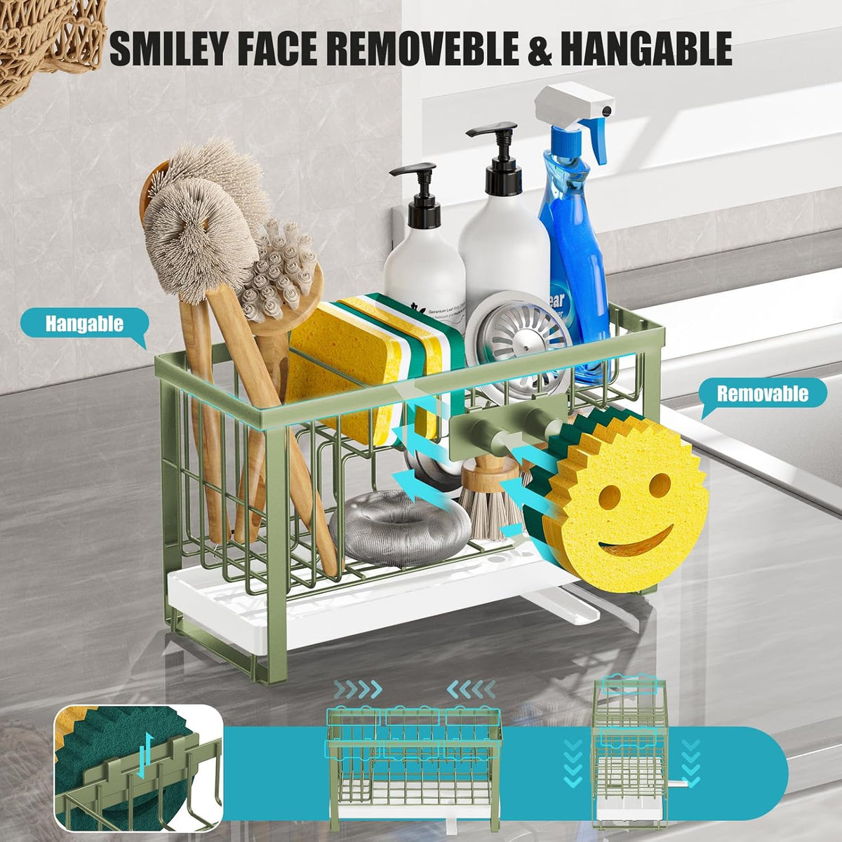 Sponge Holder for Kitchen Sink with Flexible Sink Caddy Smiley Face,2 Tier Kitchen Sponge Holder