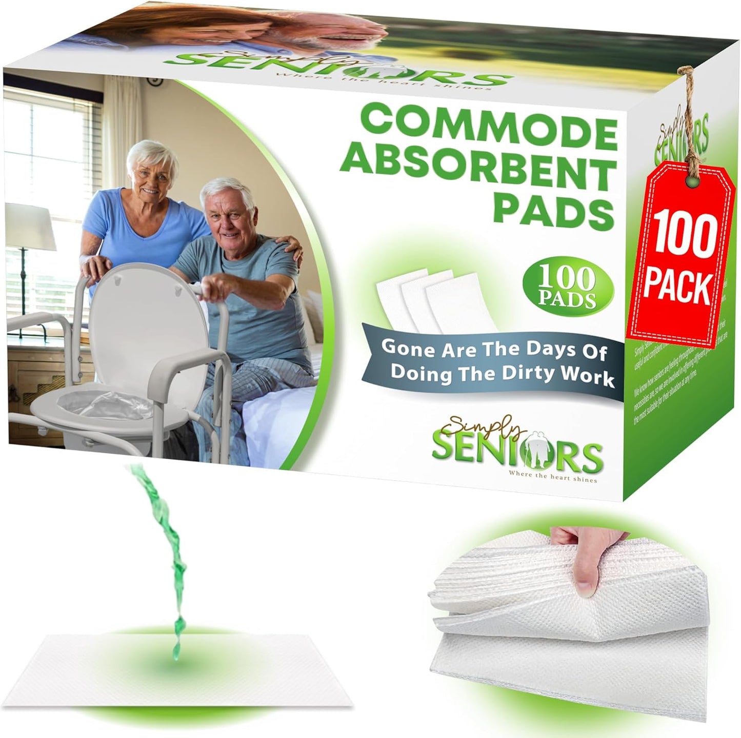 Commode Absorbent Pads for Bedside Commode Liners - 100 Pads for Portable Toilet Bags- No More Days
