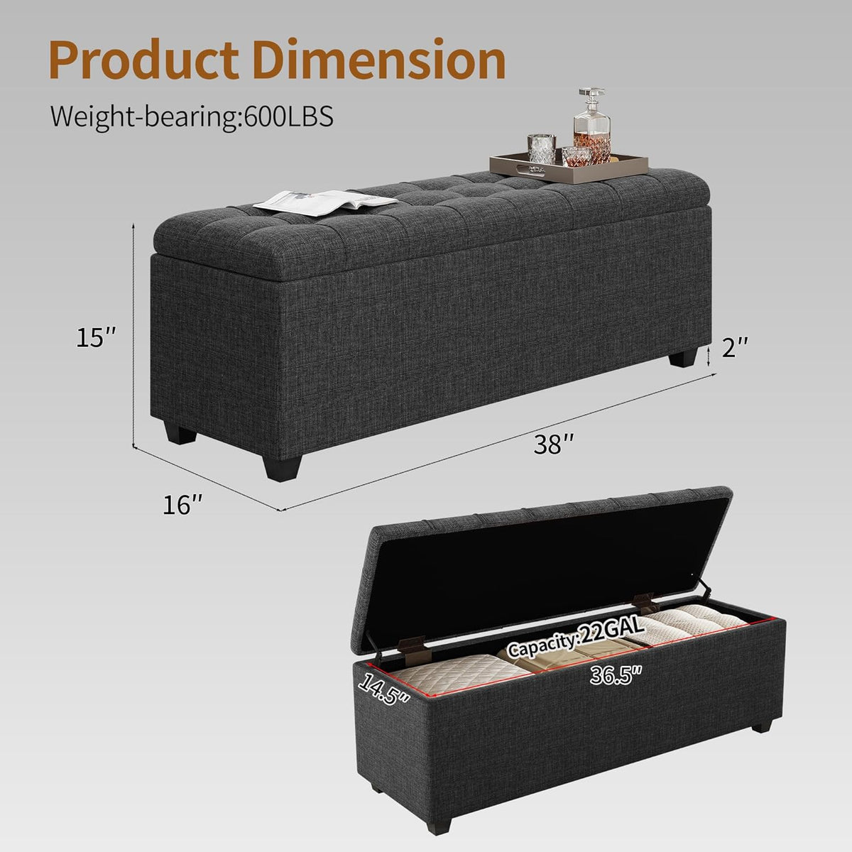 Ottoman with Storage 38 inches, Furniture End of Bed Storage Benches, Long Ottomans Bench with