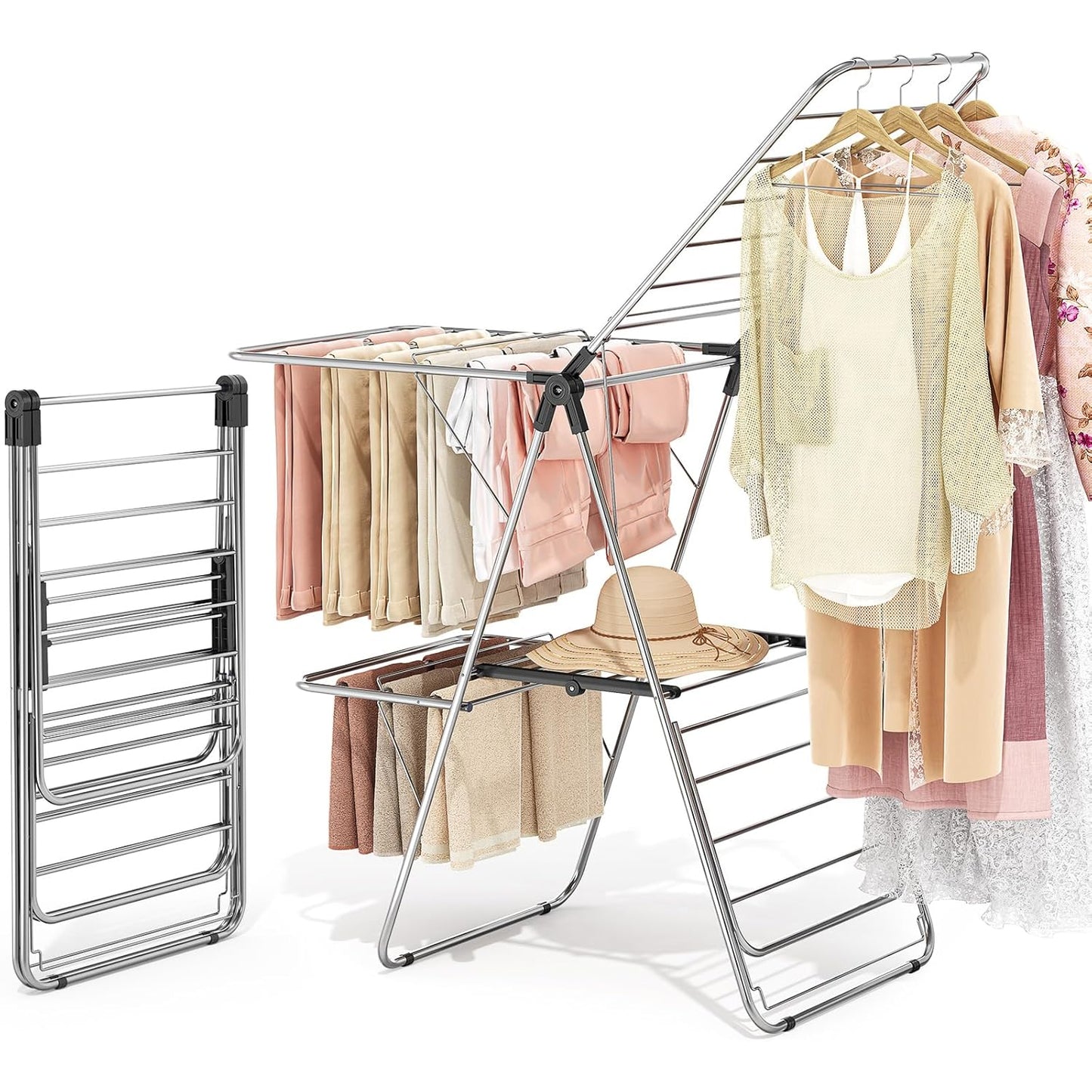 APEXCHASER Clothes Drying Rack with 4 Wings, Stainless Steel Drying Rack Clothing with