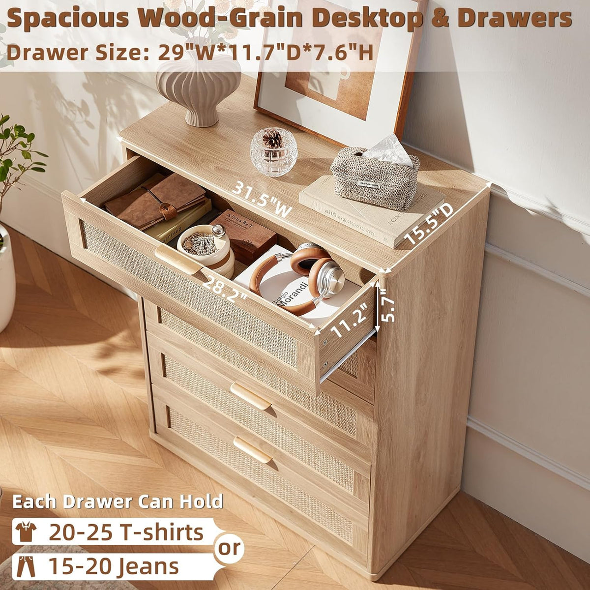 LEYAOYAO Rattan Dresser for Bedroom, 41" Tall Chest of Drawers, Modern 5 Drawers Boho Dressers with