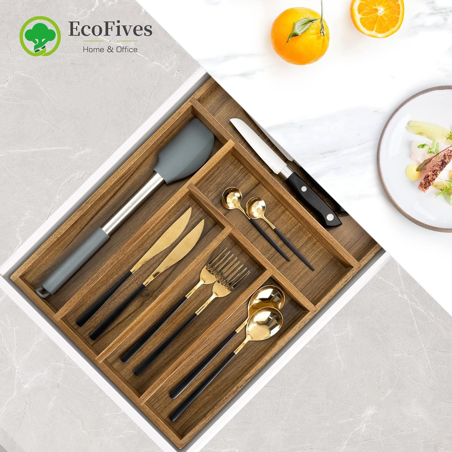 Luxury Acacia Kitchen Drawer Organizer - Silverware Organizer - Utensil Holder and Cutlery Tray