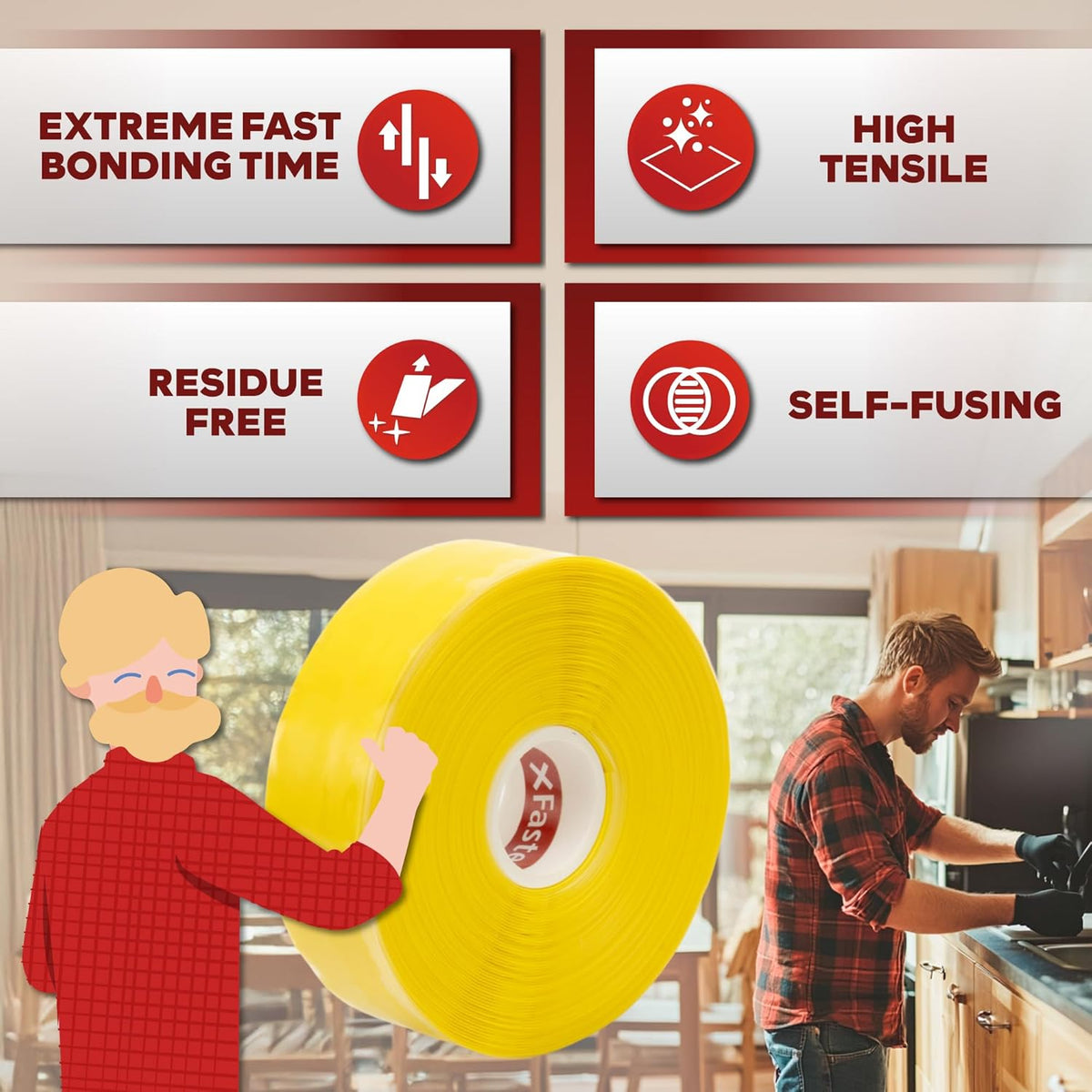 XFasten Self Fusing Silicone Tape Waterproof – 1" x 36 Feet Yellow, Self Amalgamating Tape