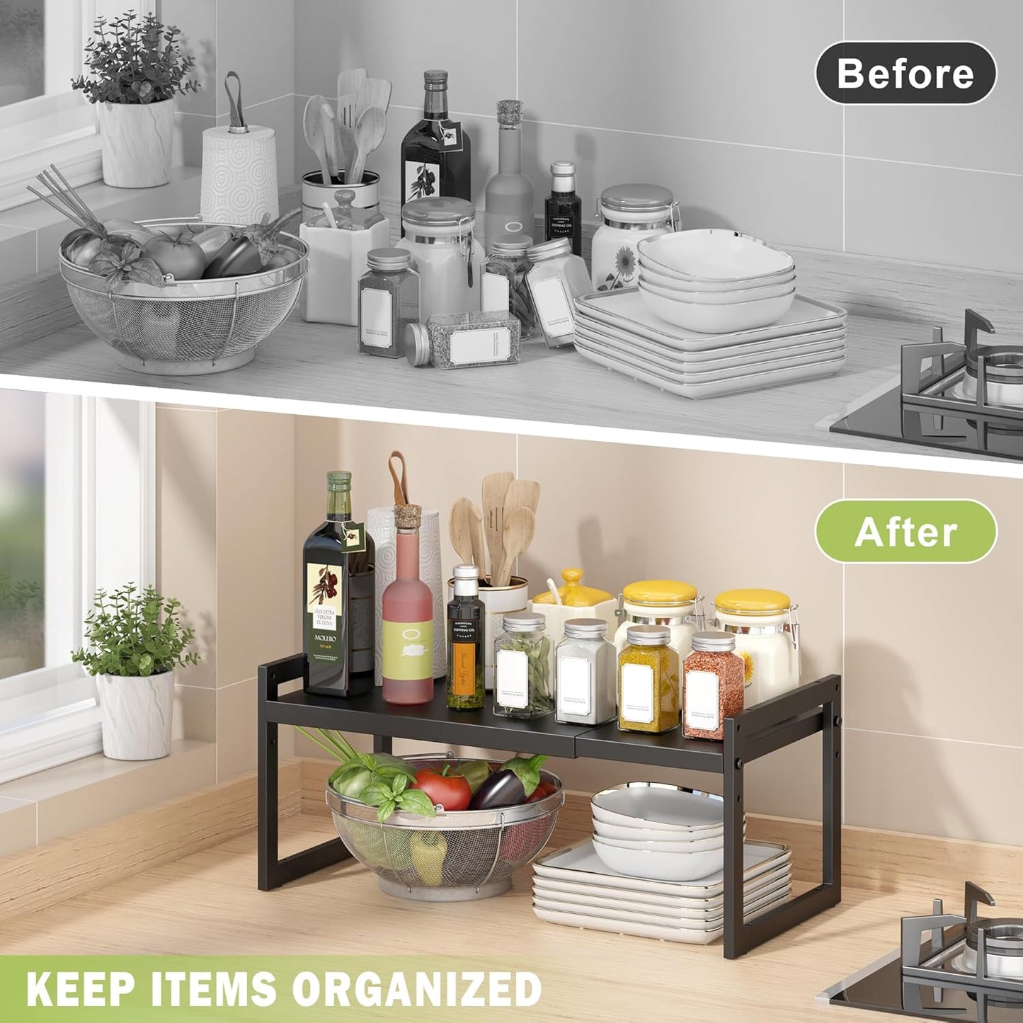 DOLALIKE Expandable kitchen Countertop Organizer, Stackable Cabinet Shelf Organizers, Space Saving