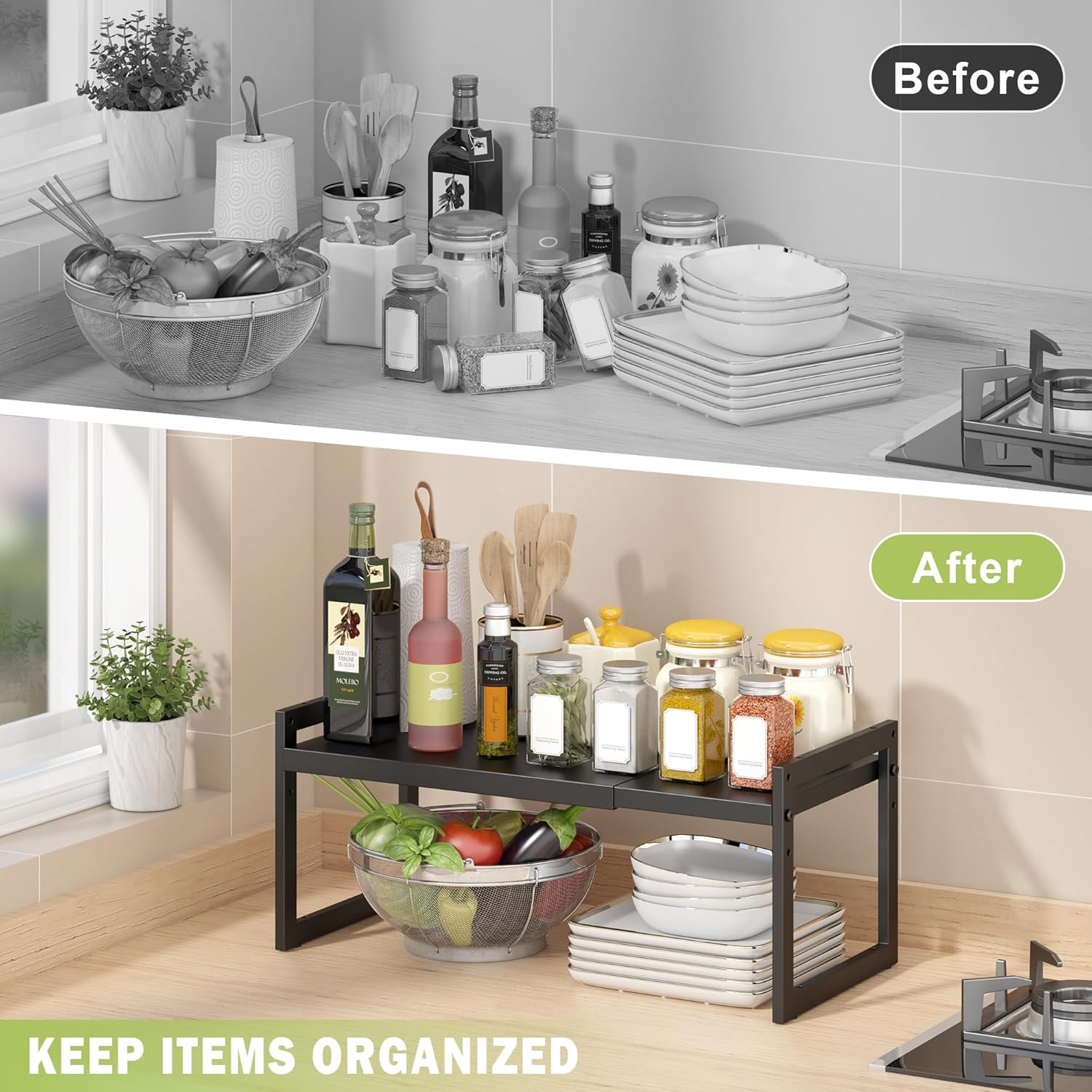 DOLALIKE Expandable kitchen Countertop Organizer, Stackable Cabinet Shelf Organizers, Space Saving