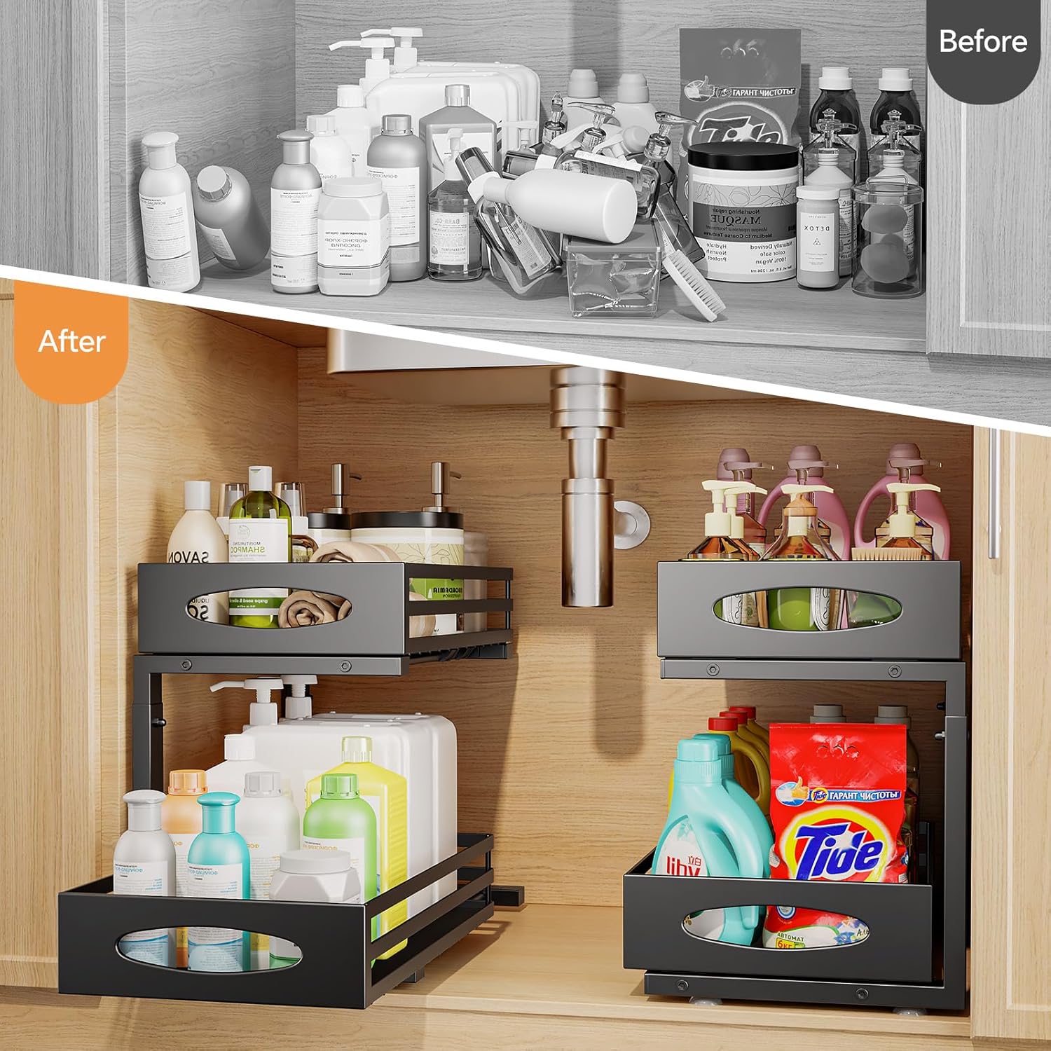 Under Sink Organizer, 2 Tier Under Sink Organizers and Storage, Adjustable Height, Slide out Metal