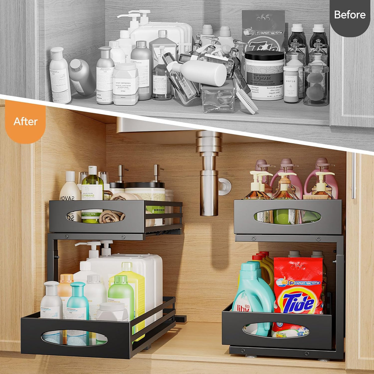 Under Sink Organizer, 2 Tier Under Sink Organizers and Storage, Adjustable Height, Slide Out Metal