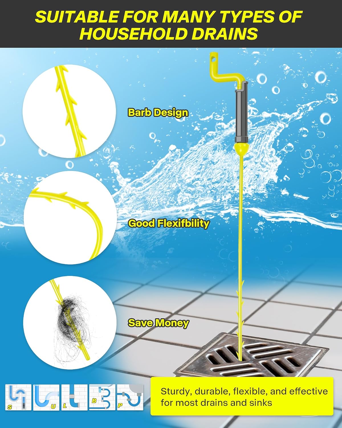 35inch Drain Clog Remover, Drain Cleaner Hair Clog Remover with Rotating Handle and 7 Refills