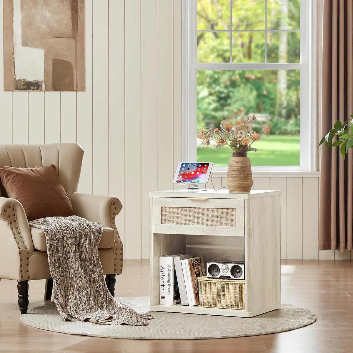 LEYAOYAO Rattan Nightstands Set of 2 with Charging Station, 23" Wide Boho Night Stand with Drawer