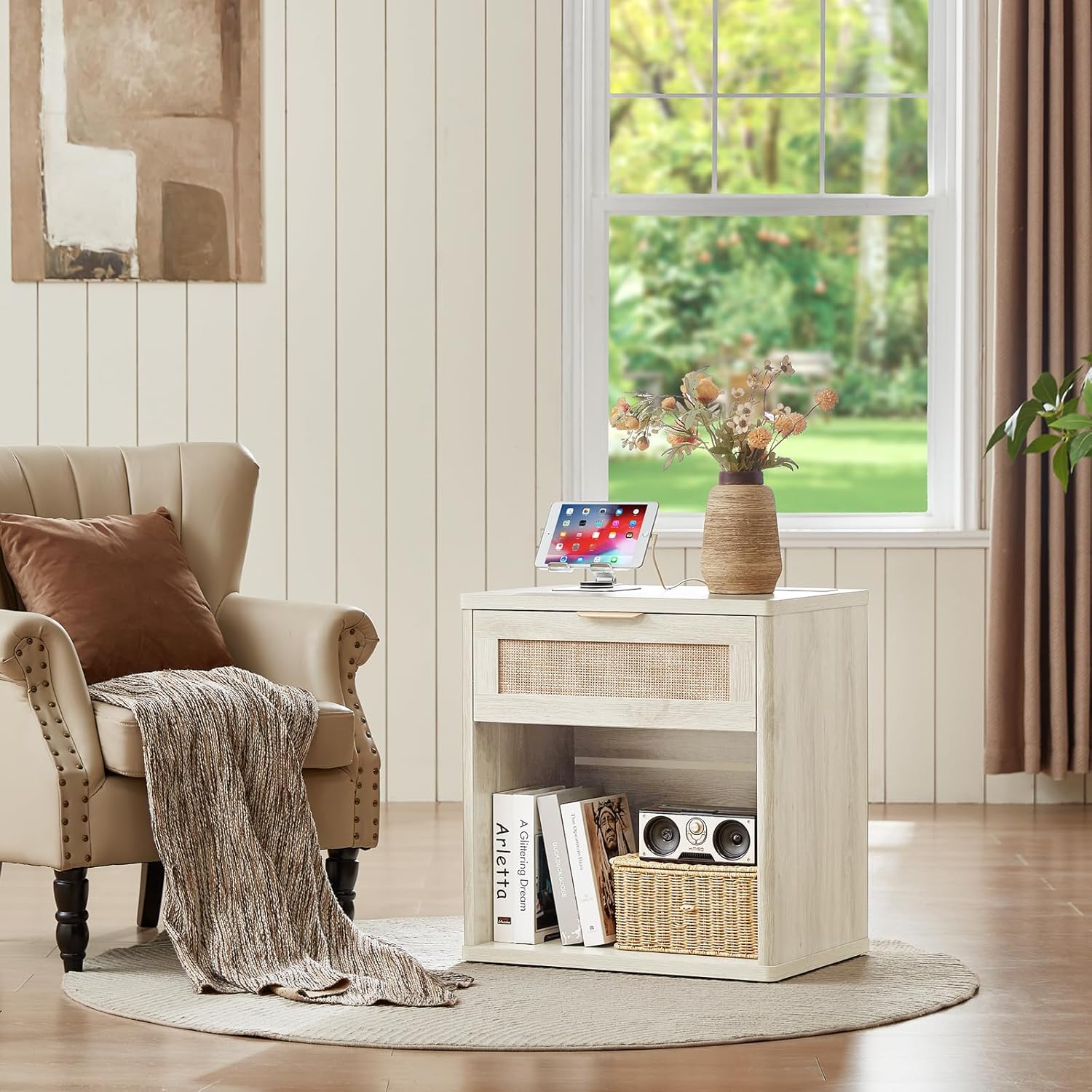 LEYAOYAO Rattan Nightstands Set of 2 with Charging Station, 23" Wide Boho Night Stand with Drawer