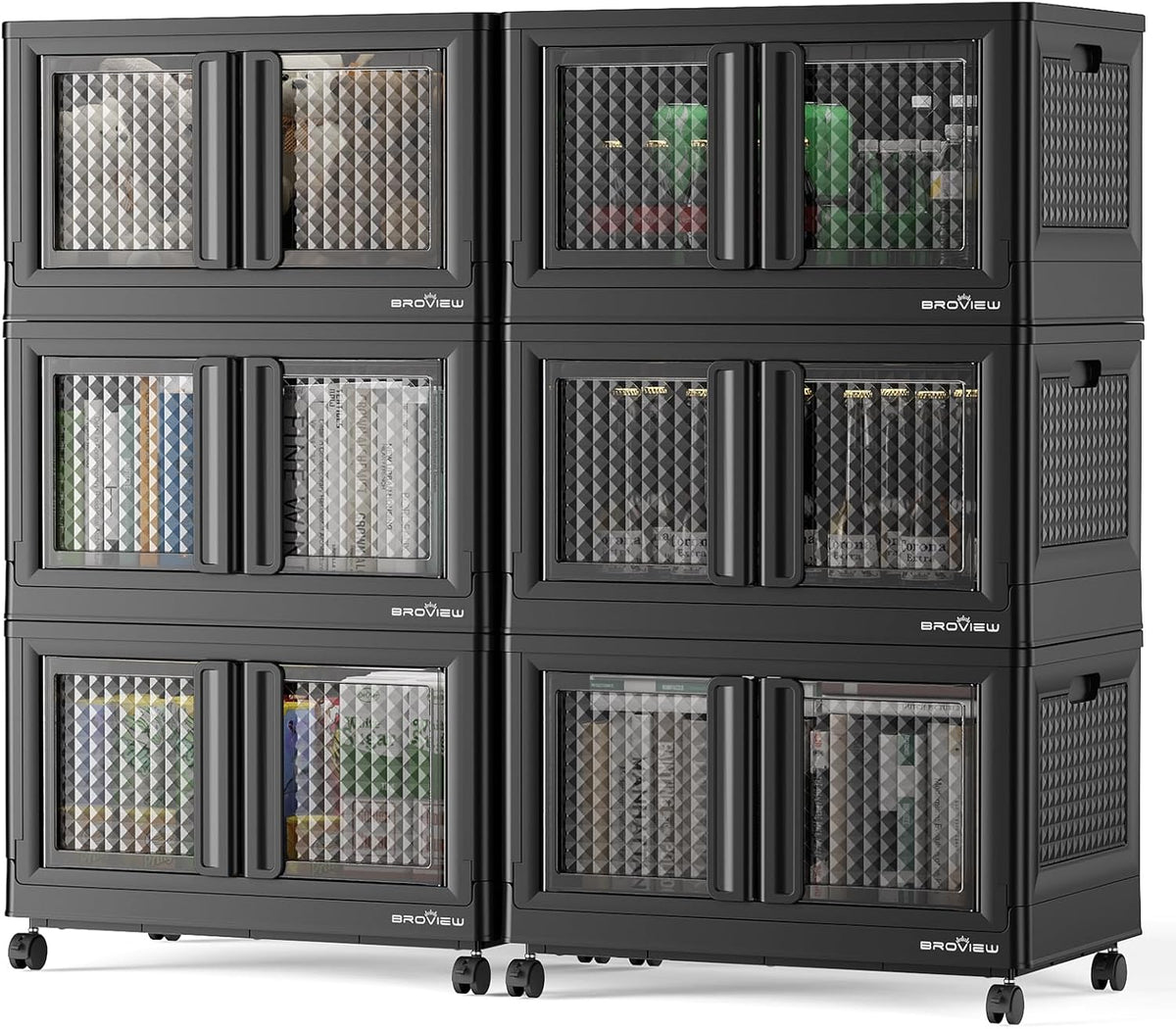 BROVIEW 600 Qt Stackable Storage Bins with Lids & Doors, 6 Pack Plastic Closet Organizer and