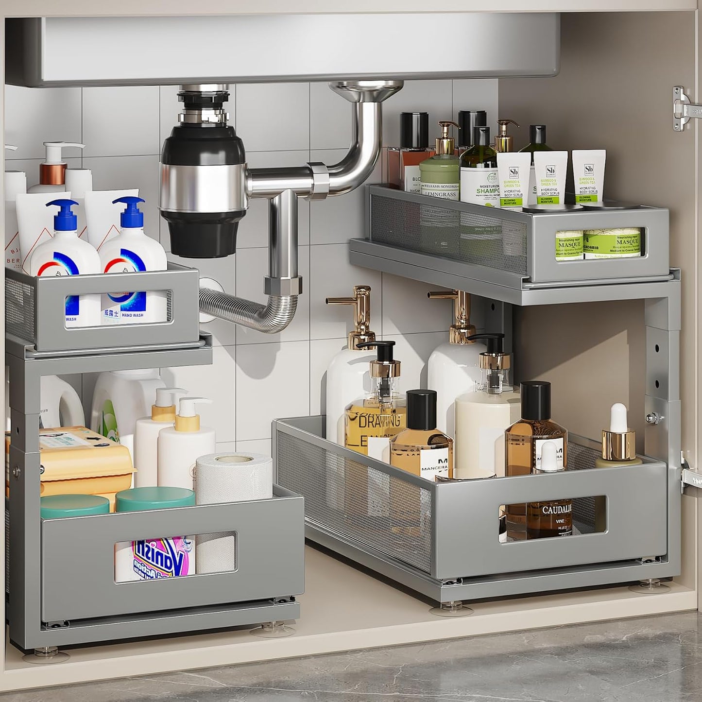 2 Pack 15.74IN-Depth Under Sink Organizer With Next-Gen Ball-Bearing Slides,2-Tier Pull Out Cabinet