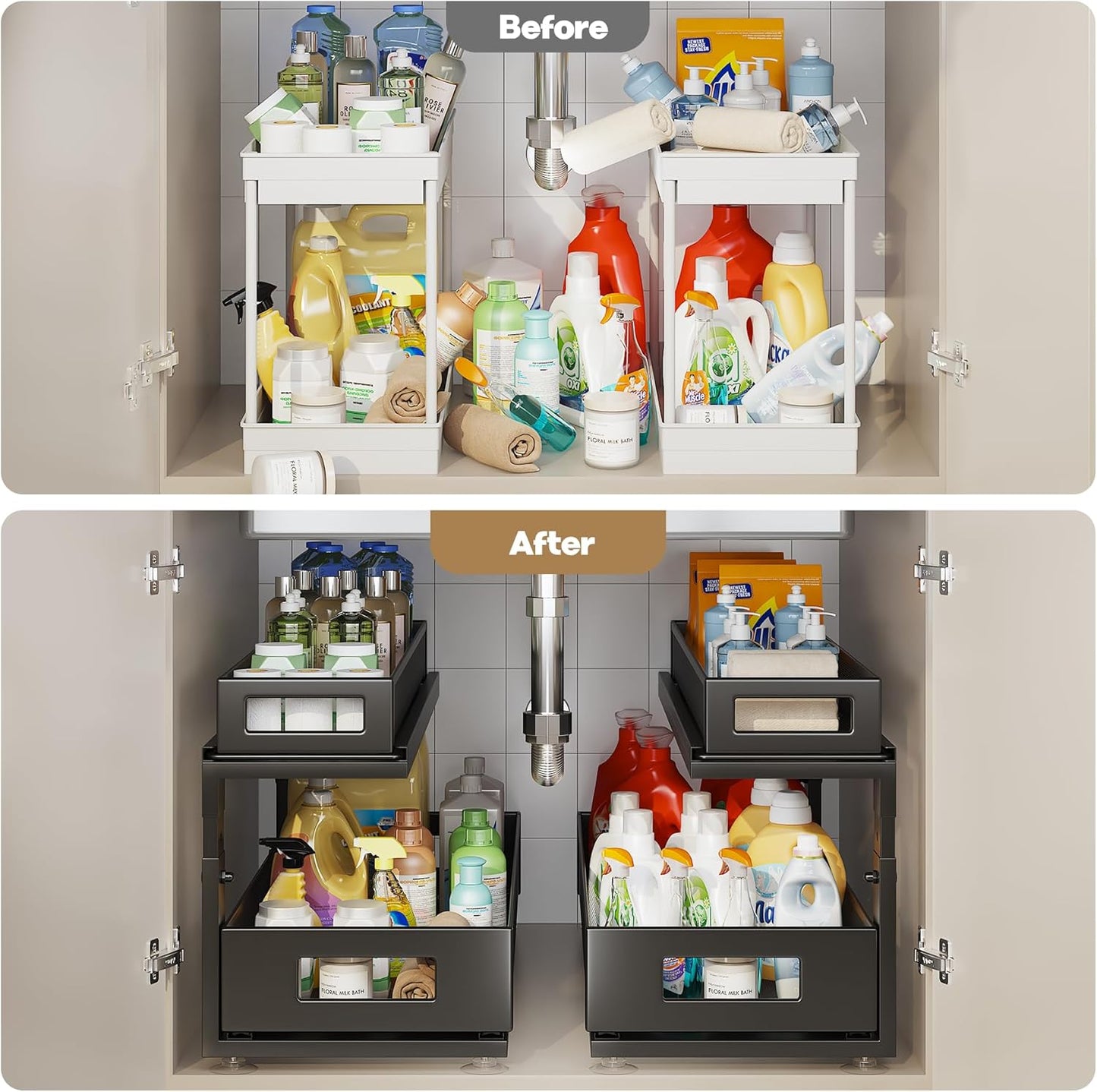 2 Pack 21.3IN-Depth Under Sink Organizer with Next-Gen Ball-Bearing Slides,2-Tier Pull Out Cabinet