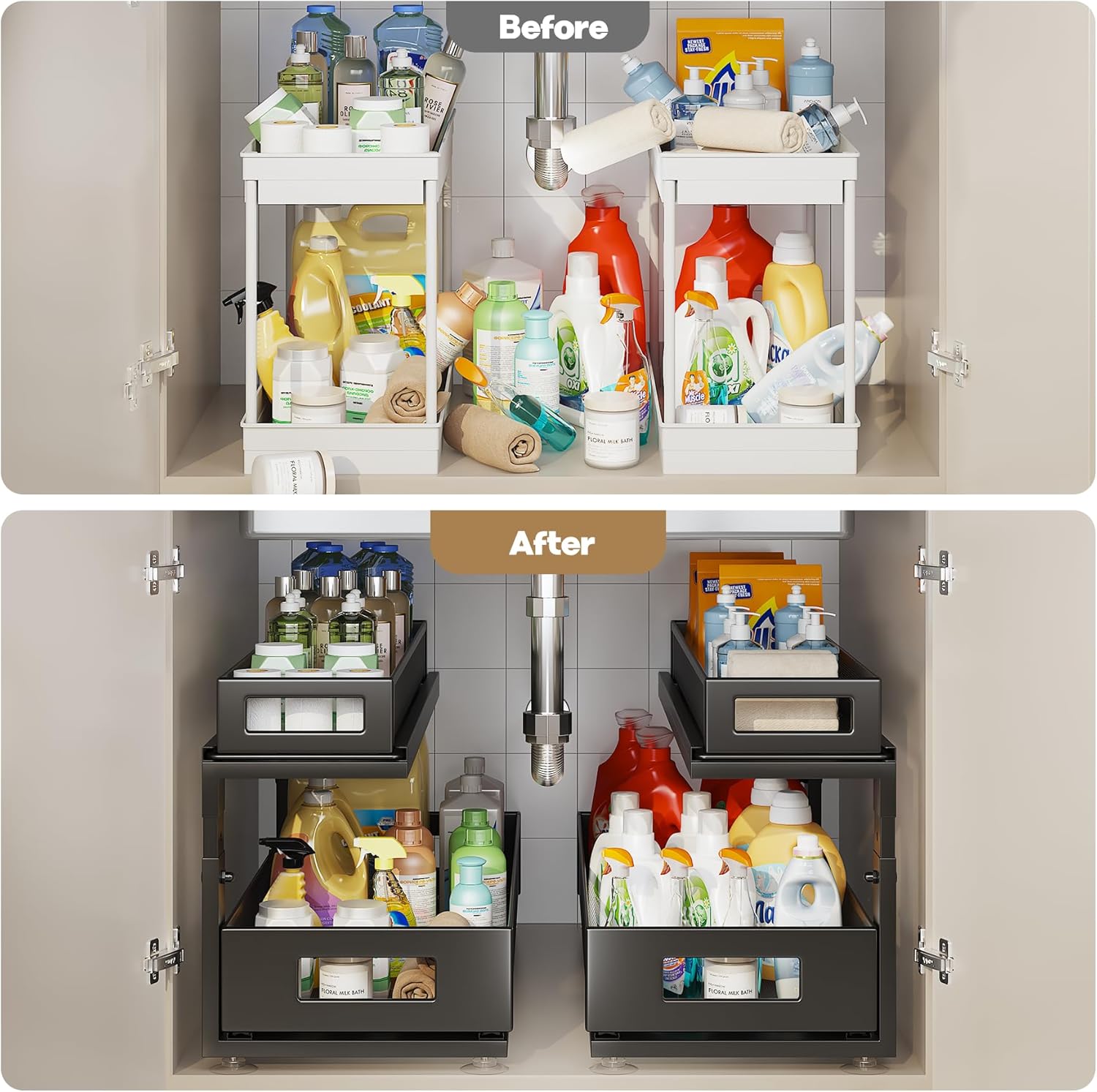 2 Pack 21.3IN-Depth Under Sink Organizer with Next-Gen Ball-Bearing Slides,2-Tier Pull Out Cabinet
