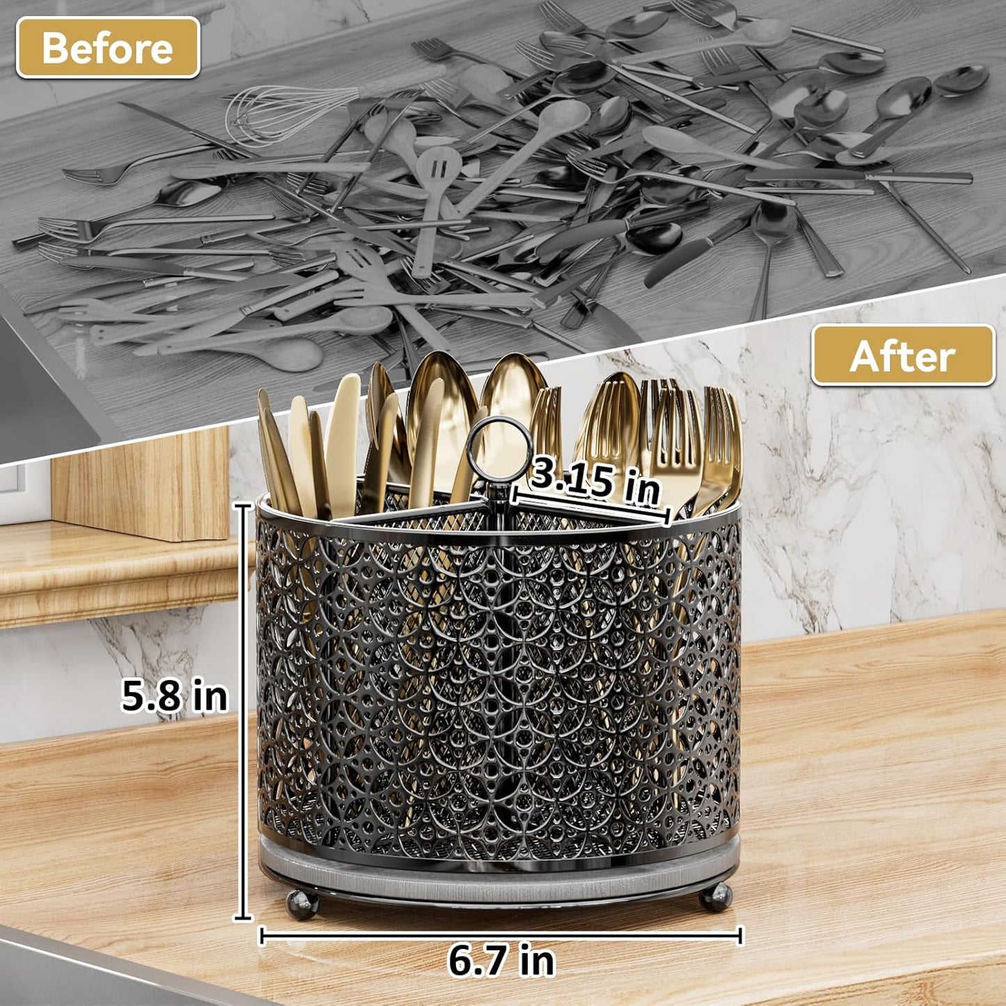 360° Rotating Utensil Holder Caddy - Fast-Drying Silverware Flatware Organizer - 4 Compartment