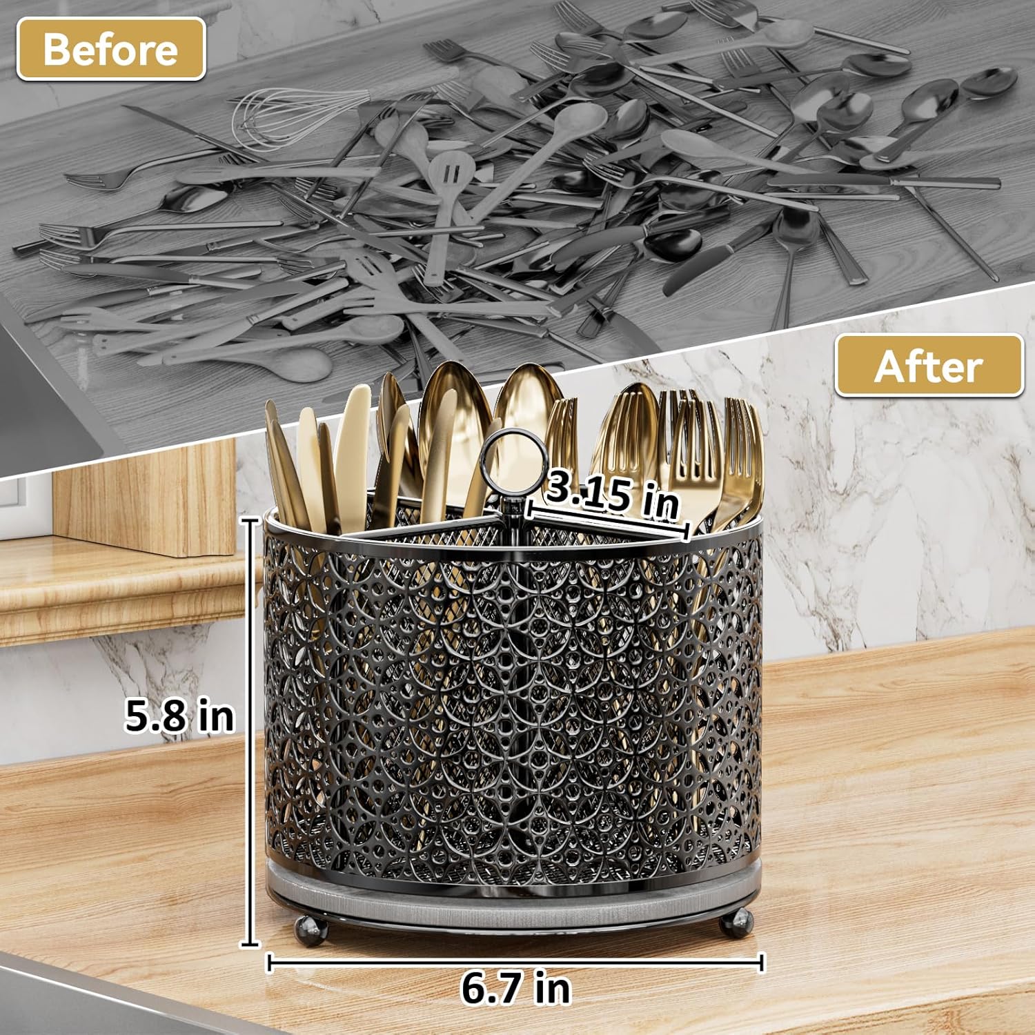 360° Rotating Utensil Holder Caddy - Fast-Drying Silverware Flatware Organizer - 4 Compartment