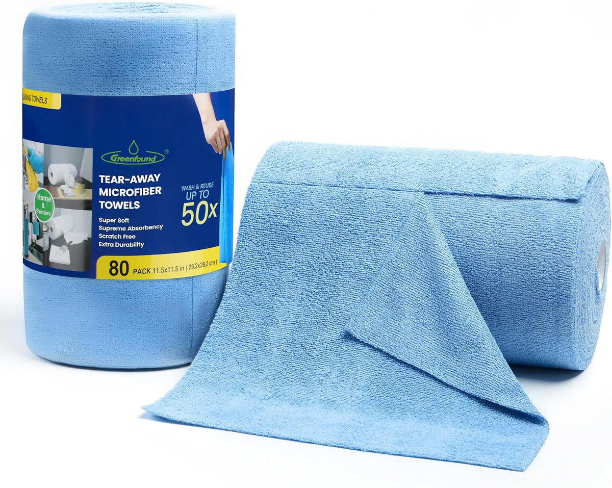 Greenfound Microfiber Cleaning Cloth Roll -80 Pack, 11.5x11.5, Tear Away Towels, Reusable and