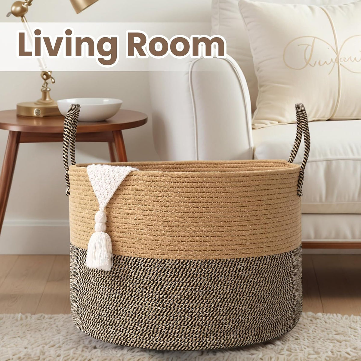 Woven Blanket Basket,65L Large Rope Storage Bin with Handles, Organizer for Blankets Toys Book and