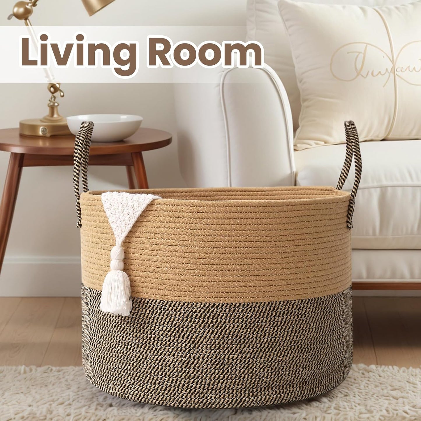 Woven Blanket Basket,115L Large Rope Storage Bin with Handles, Organizer for Blankets Toys Book and