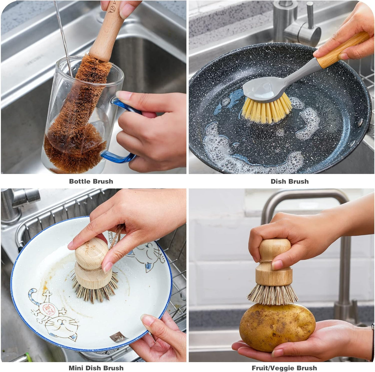Natural Bamboo Dish Brush Bottle Scrub Brush 4-Piece Set, with Ceramic Soap Dispenser - Wooden