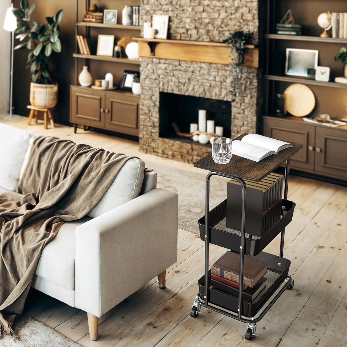 Simple Houseware 2-Tier Rolling Utility Cart with Lockable Wheels and Wood Top, Metal Storage