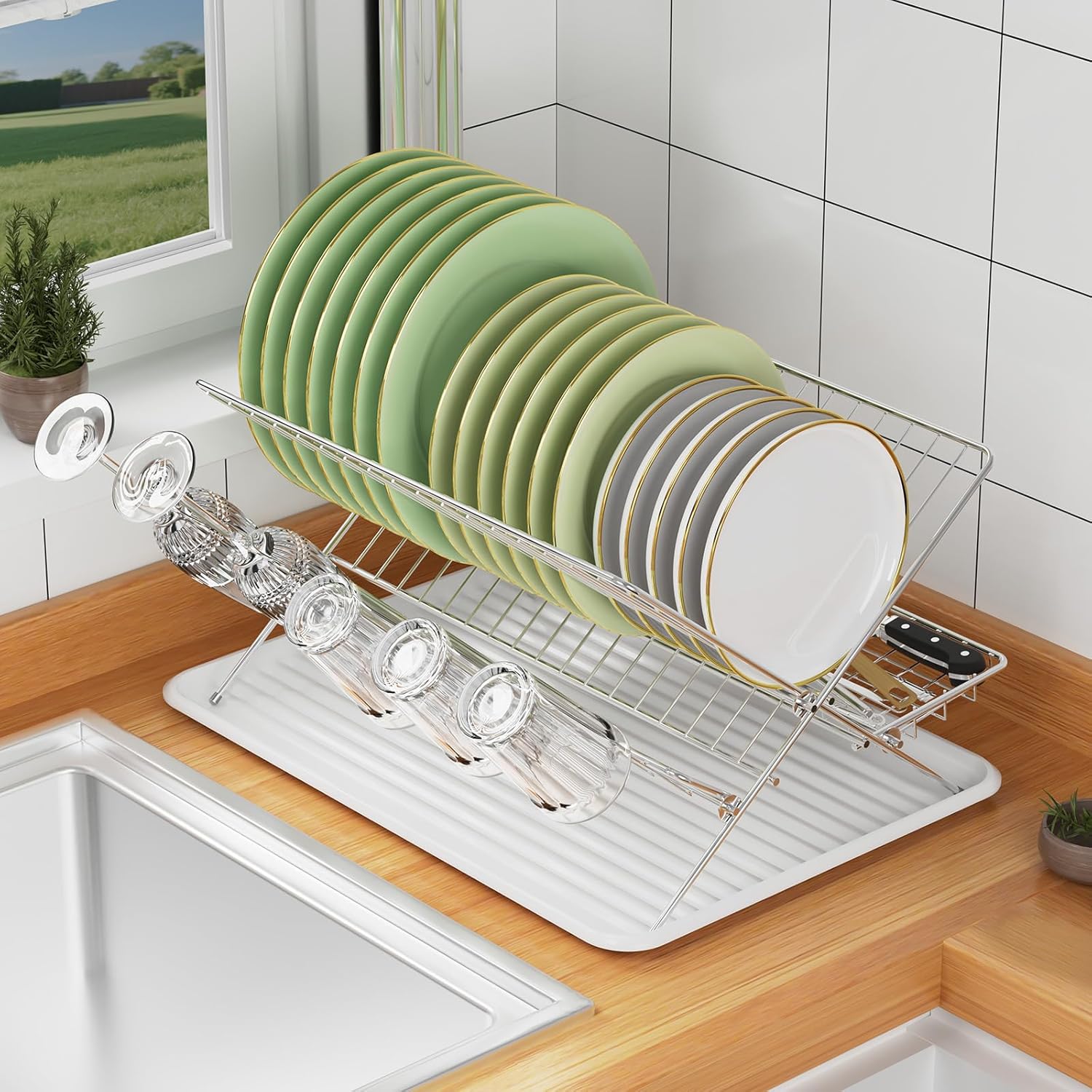 Dish Rack with Drip Tray, Stainless Steel 3-Tier Collapsible Drainer Dish Drying Rack for Kitchen