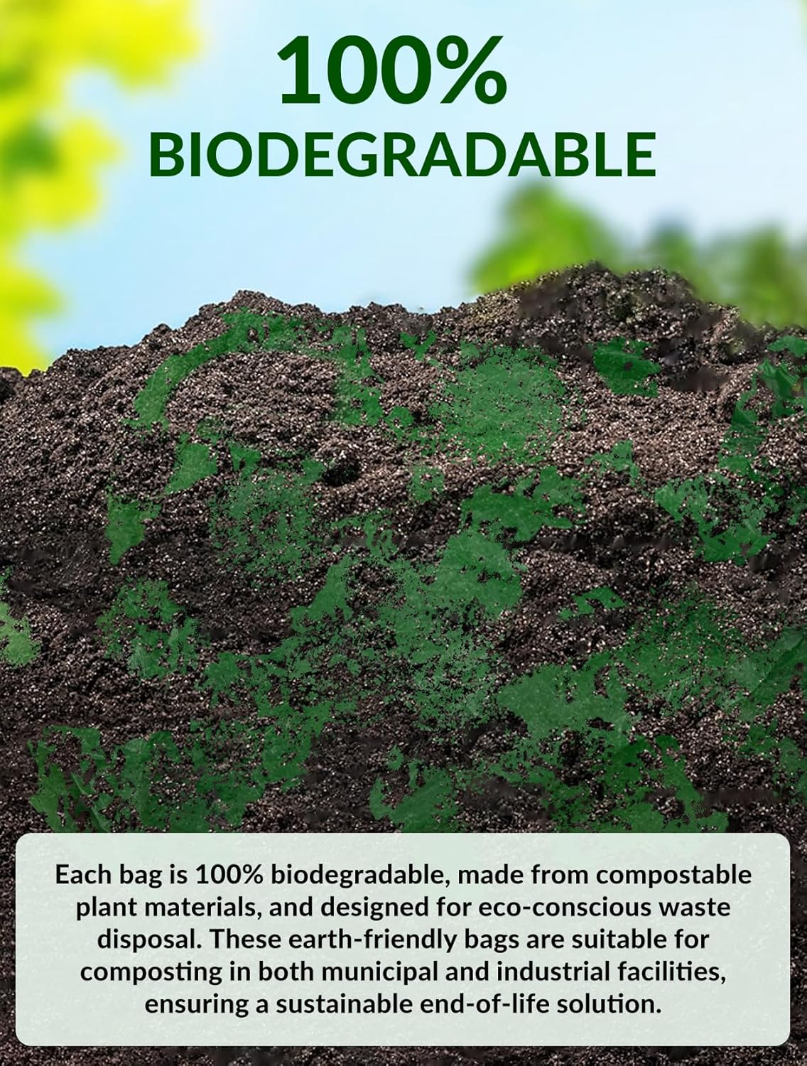 100 Count 100% Biodegradable and Compostable Trash Bags, 40-45 Gallon, 20 Microns, 38x46 Inches