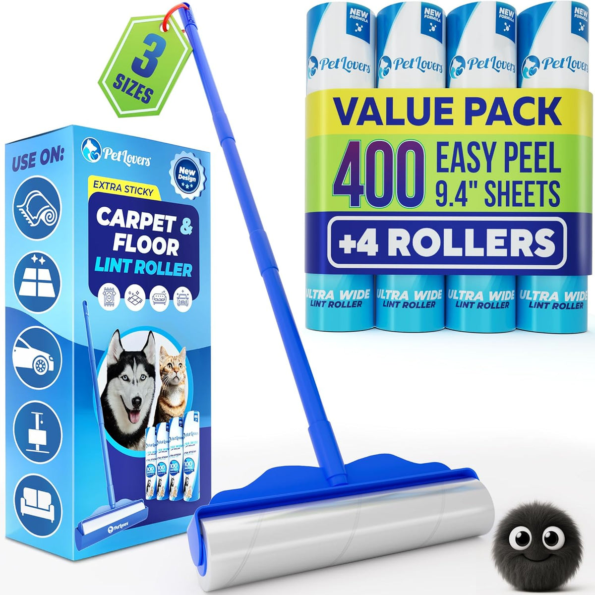 PetLovers Large Lint Roller with 3 Refills – 400 Total Sheets for Tackling Pet Hair, Extra Large