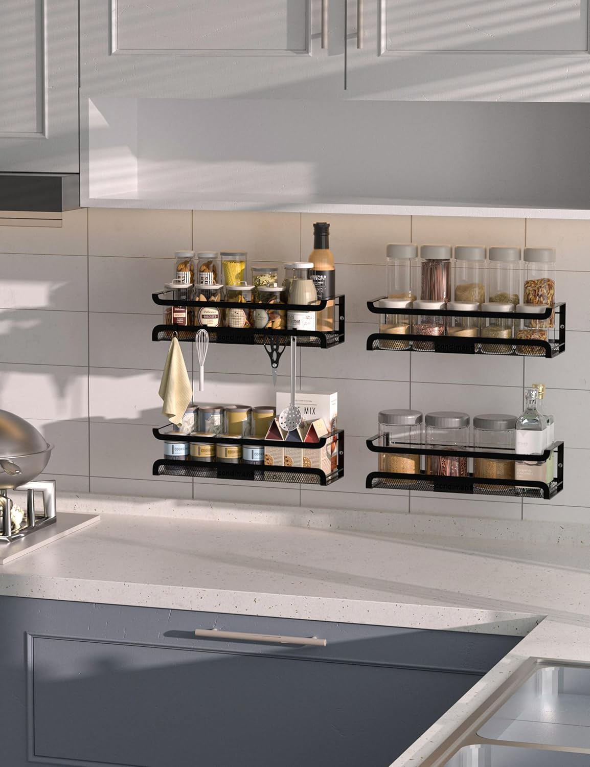 Spice Rack Wall Mount with Hooks - Spice Racks Organizer for Cabinet Storage, Wall Mounted Hanging