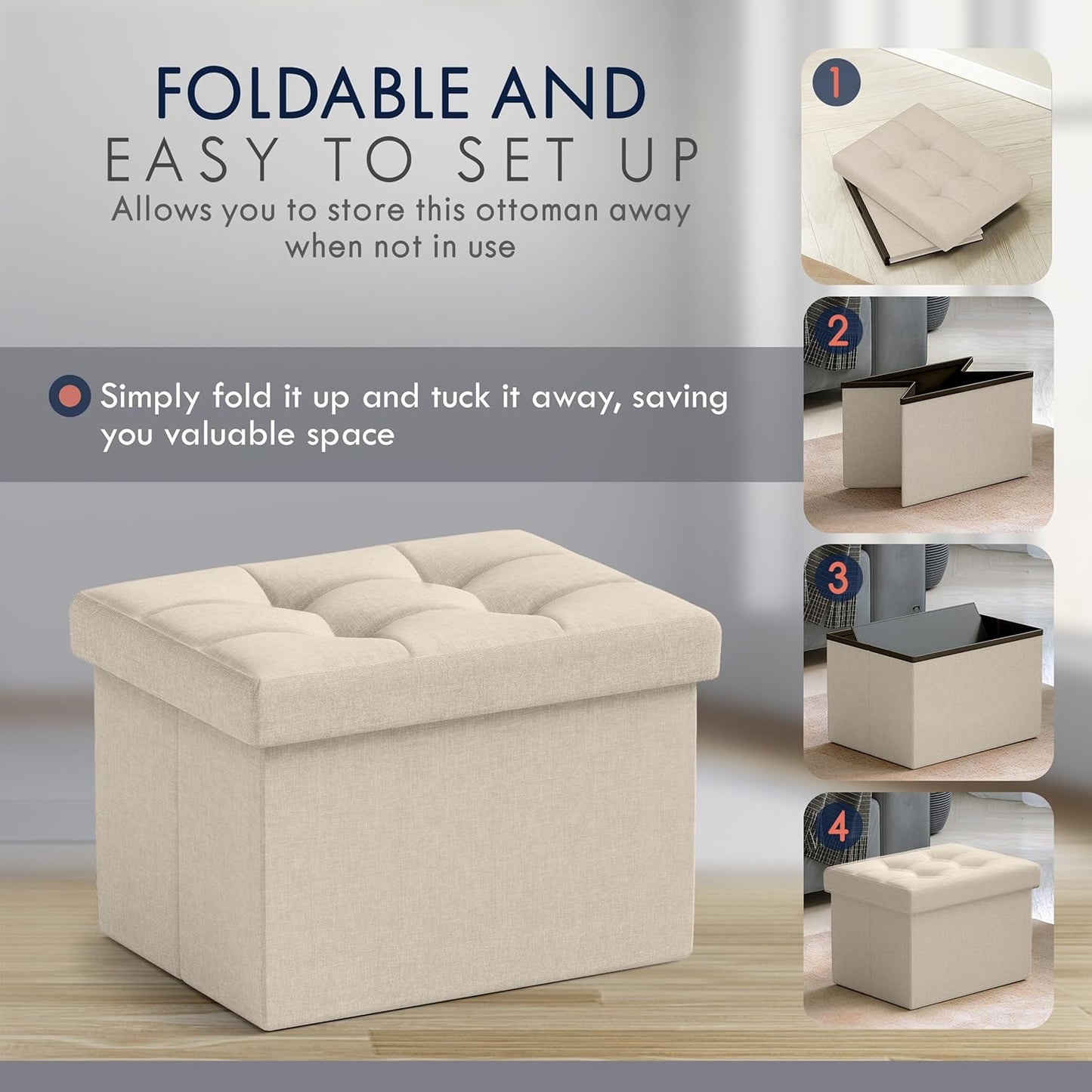 Ornavo Home Small Storage Ottoman, Set of 2, Foldable Collapsible Rectangle Linen Ottoman Foot Rest
