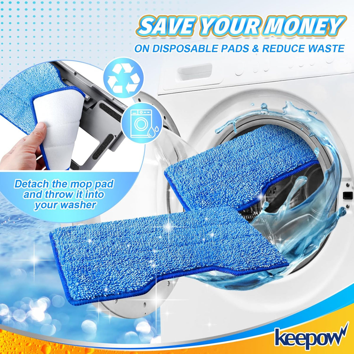 KEEPOW Reusable Mop Pads Refills, Replacement Pads Compatible with Shark Vac Mop VM252 VM200 VC205