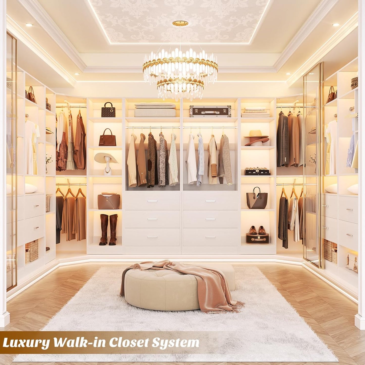 Corner Closet System with 6 Drawers, Closet Organizer System with 14 Shelves & 4 Hanging Rods