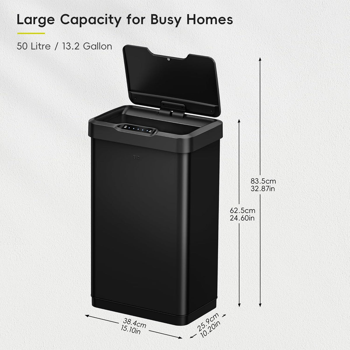 EKO Mirage-T 50 Liter / 13.2 Gallon Touchless Rectangular Motion Sensor Trash Can, Brushed