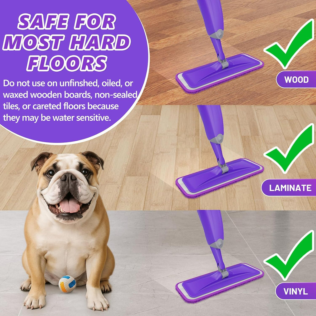 HOMTOYOU Spray Mops for Floor Cleaning: Wet Mop for Hardwood Tile Wood Laminate Vinyl - 3 Washable