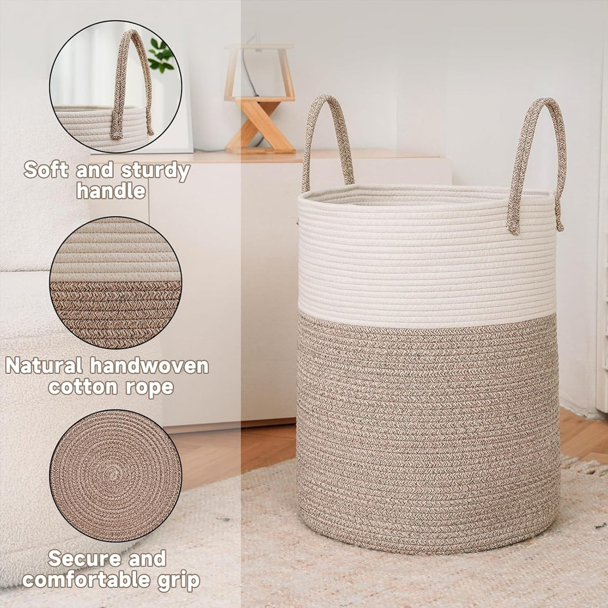 Large Woven Laundry Basket Hamper,60L Cotton Rope Storage Bin for Blankets,Toys and
