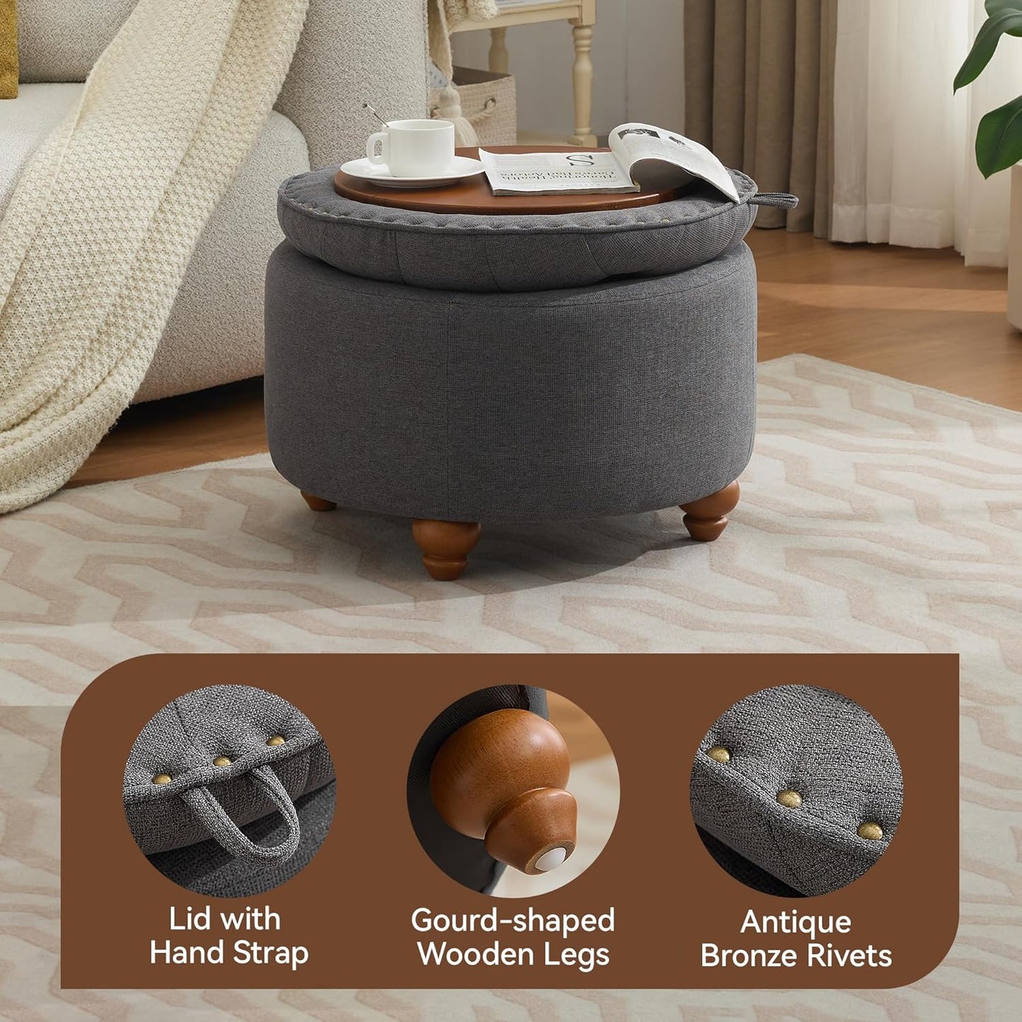 24Inch Round Storage Ottoman with Tray, Modern Tufted Fabric Circle Coffee Table with Storage