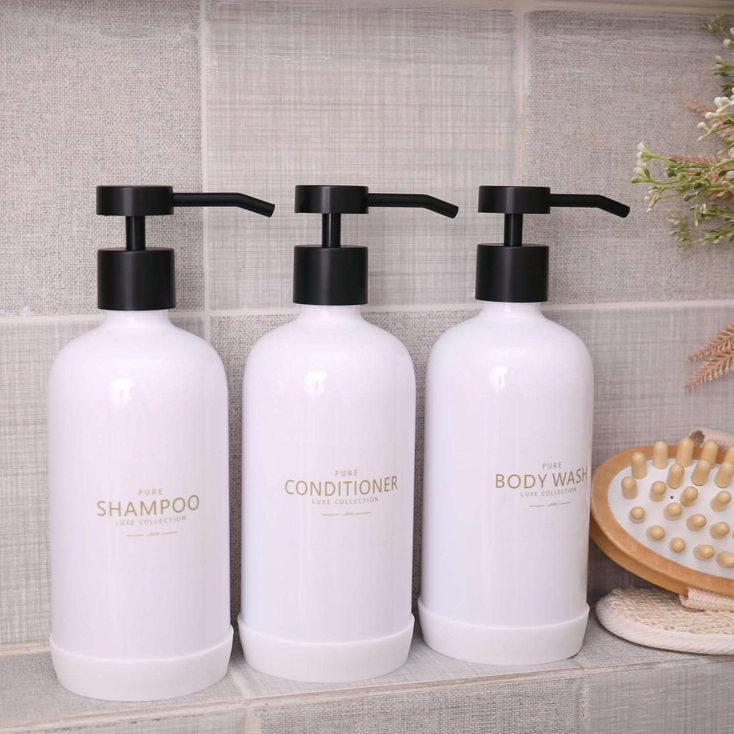 Shampoo and Conditioner Dispenser Set of 3,Refillable 21oz Shampoo Bottles with Non-Slip Protective