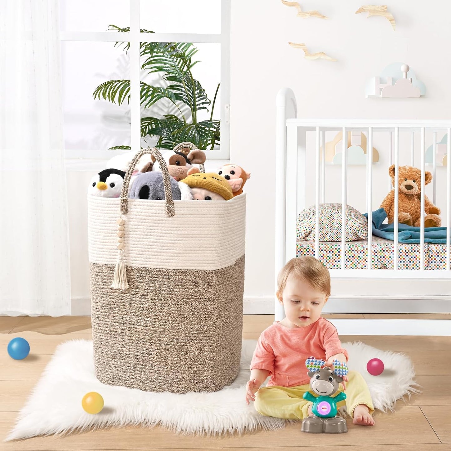 Woven Laundry Basket for Clothes, 50L Large Rectangle Laundry Hampers with Beads Tassel, Nursery