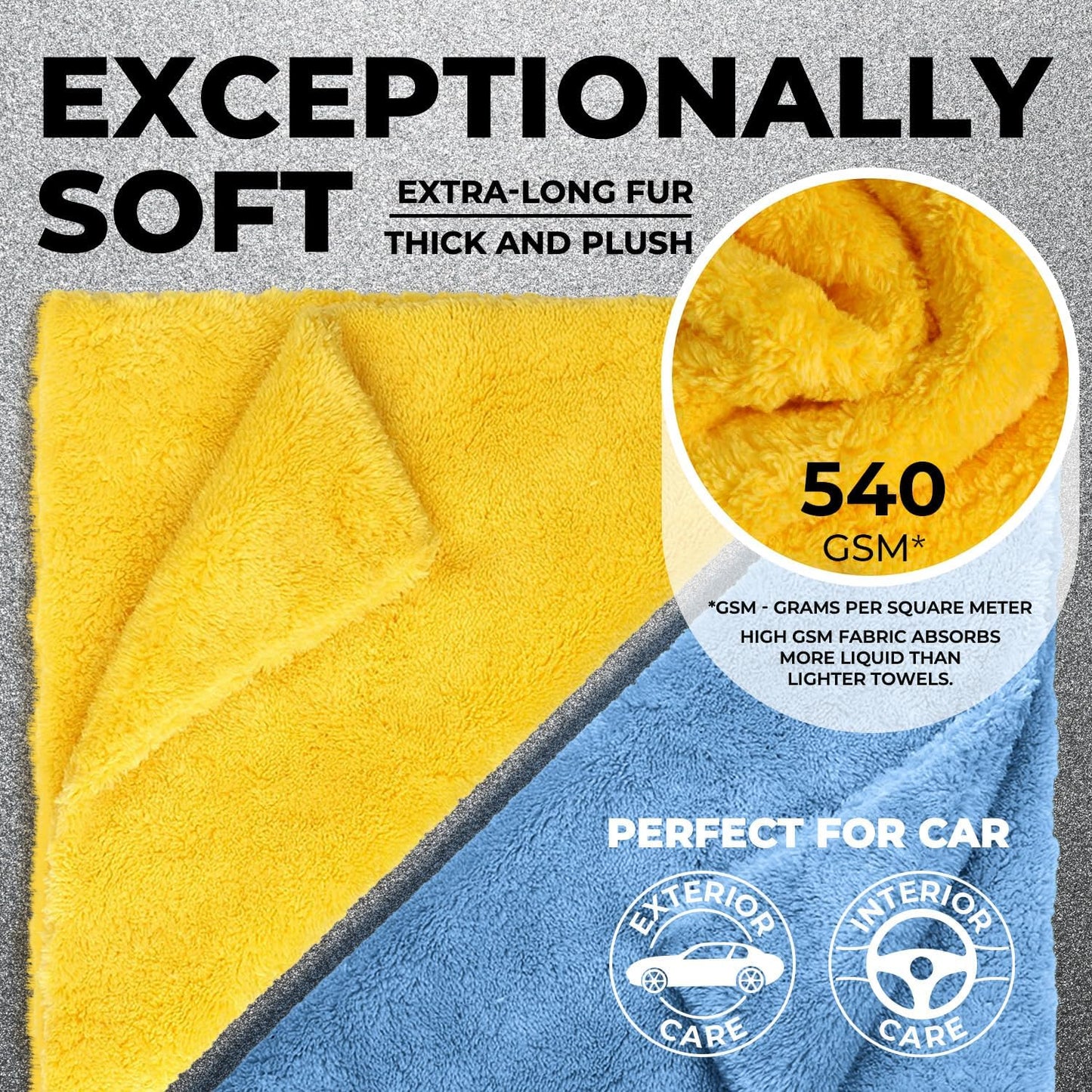 Edgeless Microfiber Towels for Cars – 6pk (12”x12”) - 540 GSM - Super Soft Detailing & Buffing