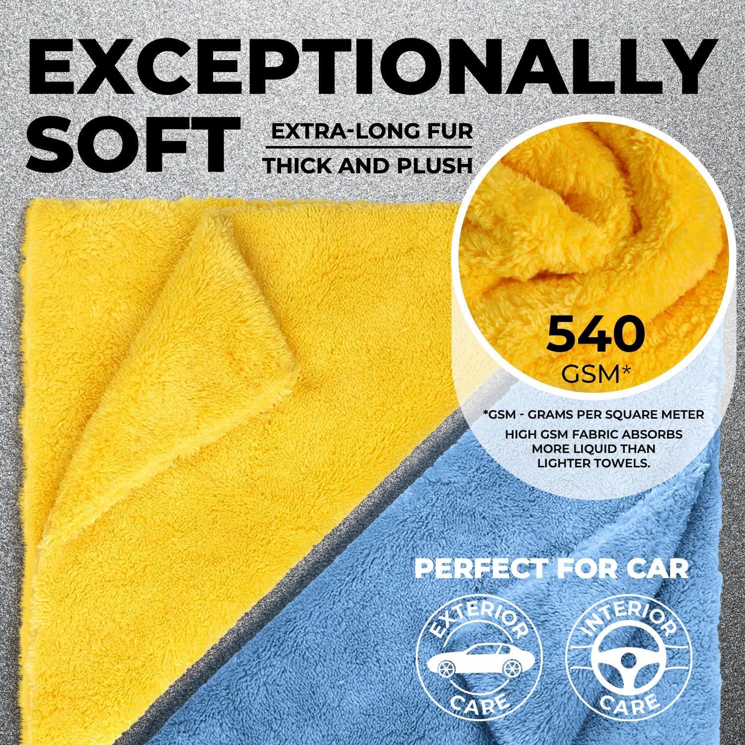 Edgeless Microfiber Towels for Cars – 6pk (12”x12”) - 540 GSM - Super Soft Detailing & Buffing
