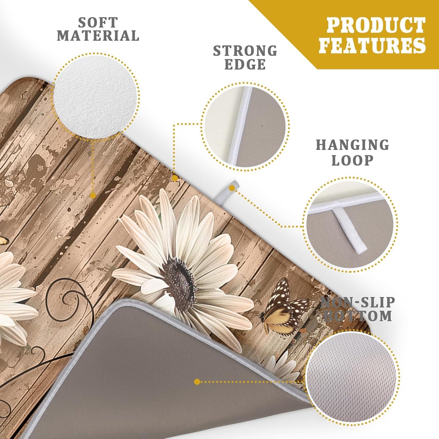 Summer Daisy Flowers Dish Drying Mat for Kitchen Counter 16x18in Rustic Wood Floral Kitchen Mat