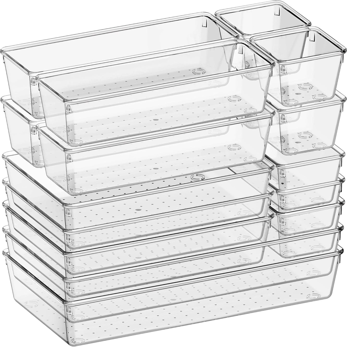 Criusia 16 Pack Large Clear Plastic Drawer Organizer Bins - 5 Size Acrylic Bathroom and Vanity
