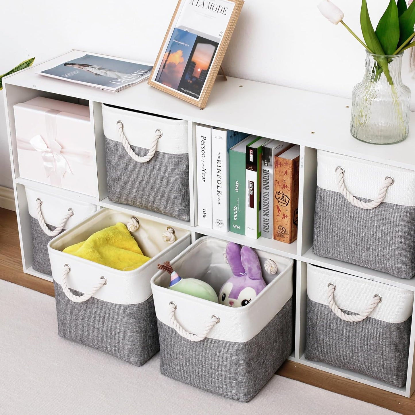 11 x 11 Inch Storage Cubes, 6 Pack Large Collapsible Fabric Storage Bin with Ropes, Foldable