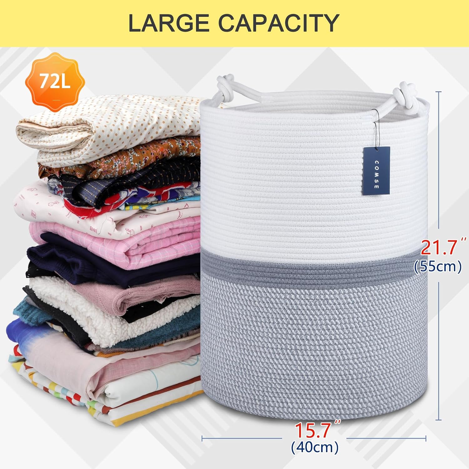 COMSE Extra Large Blanket Basket, Tall Woven Storage Basket, Nursery Hamper, 15.7”x 21.7”, Cotton
