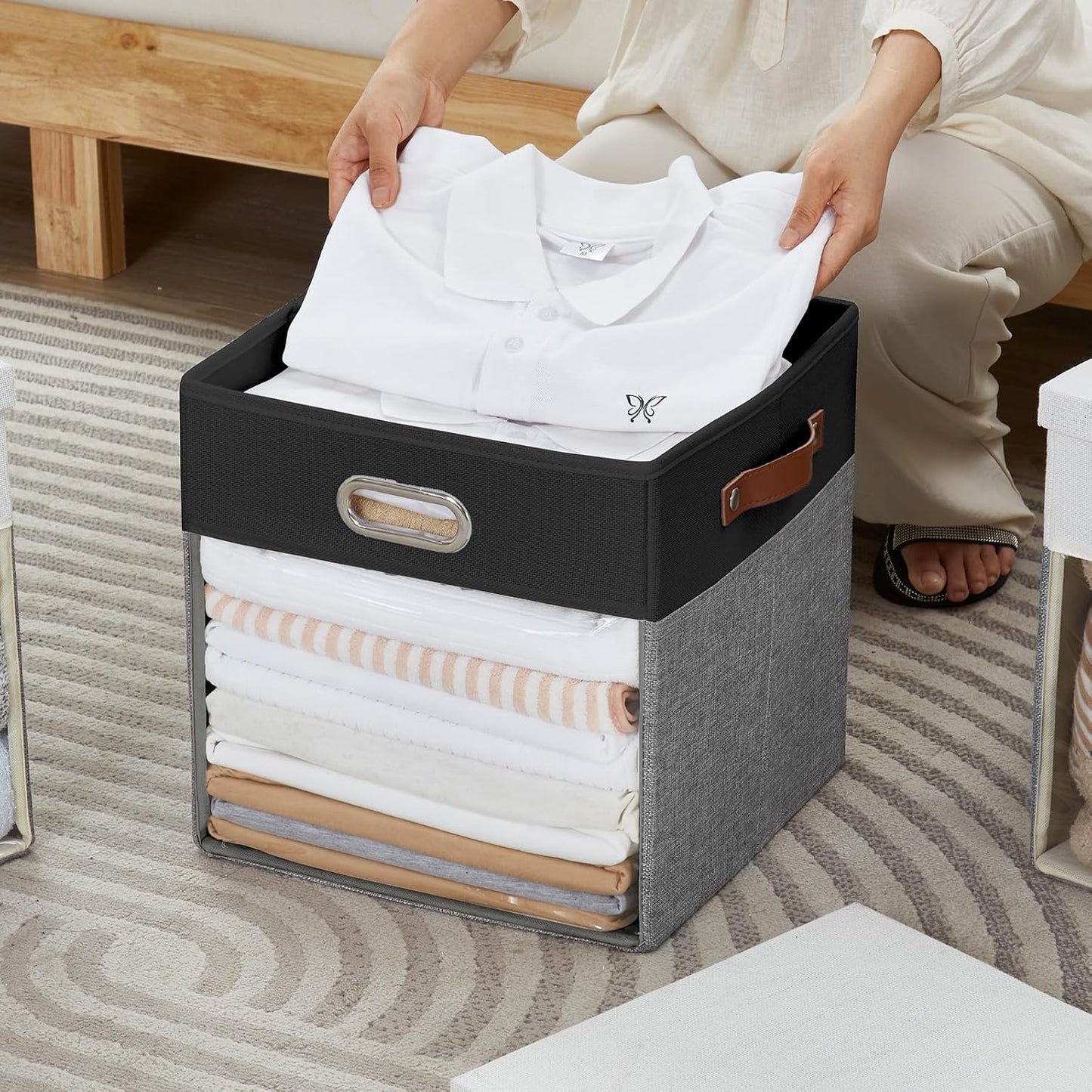 Fabric Storage Cubes with Clear Windows and Lids 11'' Foldable Storage Bins with 3 Handles