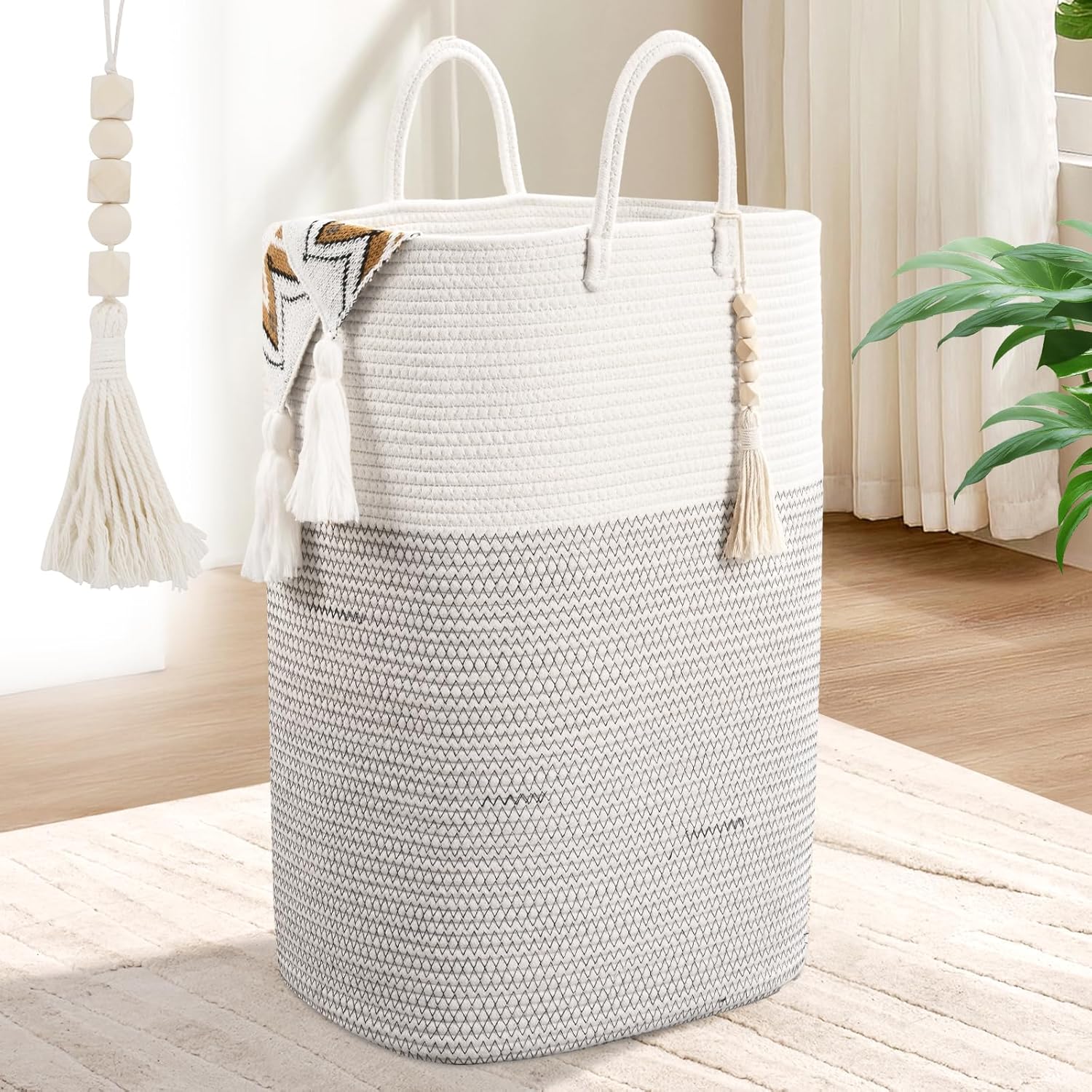 Woven Laundry Basket for Clothes, 80L Large Rectangle Laundry Hampers with Beads Tassel, Nursery